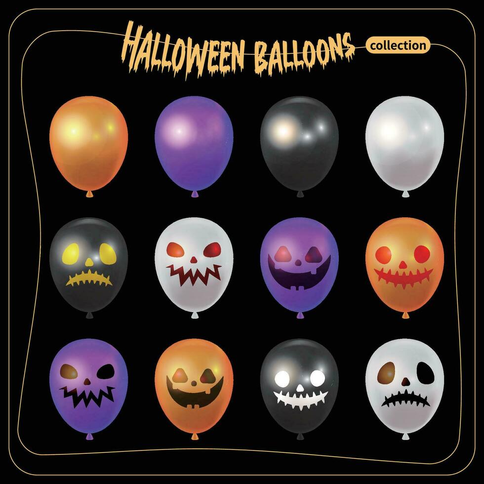 Halloween balloon set, four colors and funny faces vector