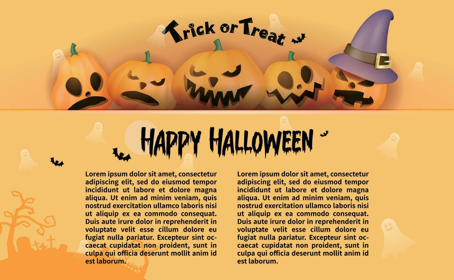 Halloween page design, ghost face pumpkin, orange background vector