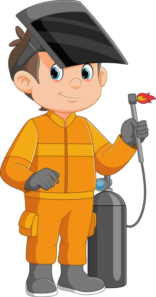 Young welder cartoon in action with smile vector