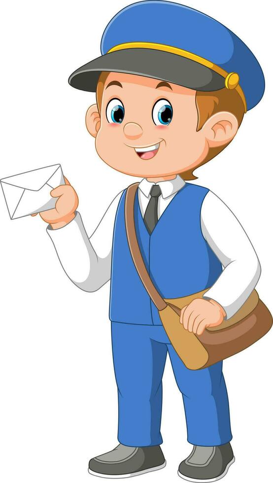 Cartoon postman holding mail and bag vector
