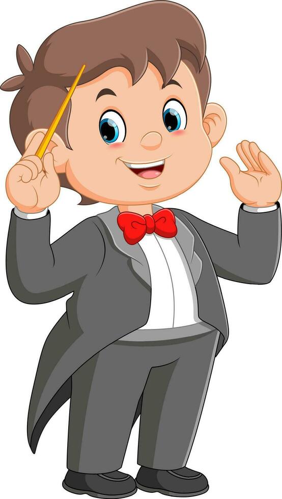 Cartoon boy conductor directing with baton vector