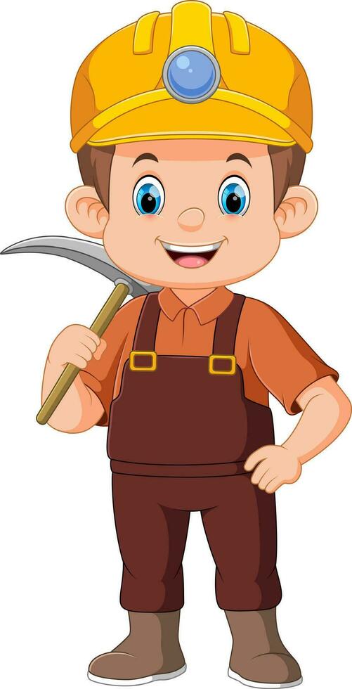 Young miners posing with a pickaxe on his shoulder and smiling happily vector
