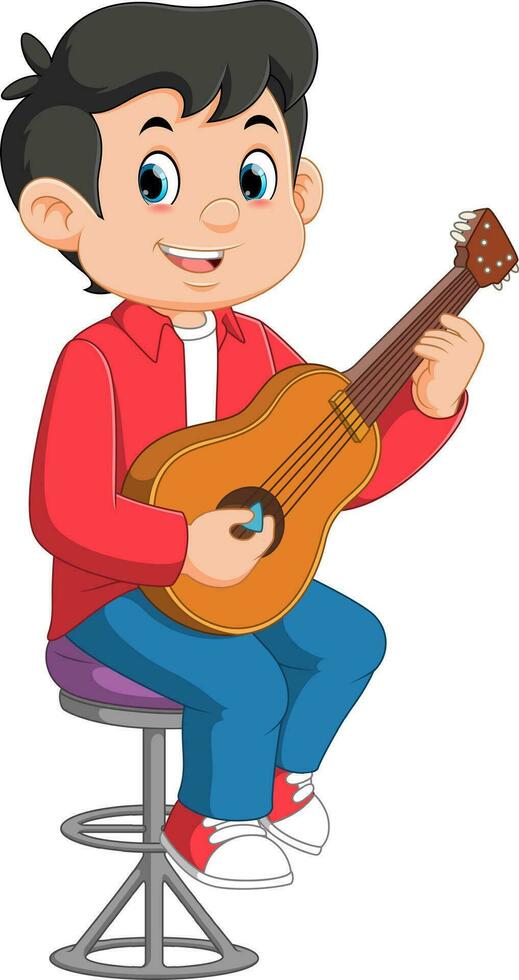 niño feliz de dibujos animados tocando la guitarra vector