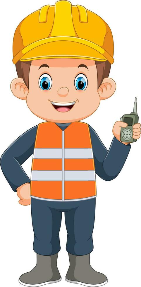 Engineer foreman talking walkie talkie in hand vector