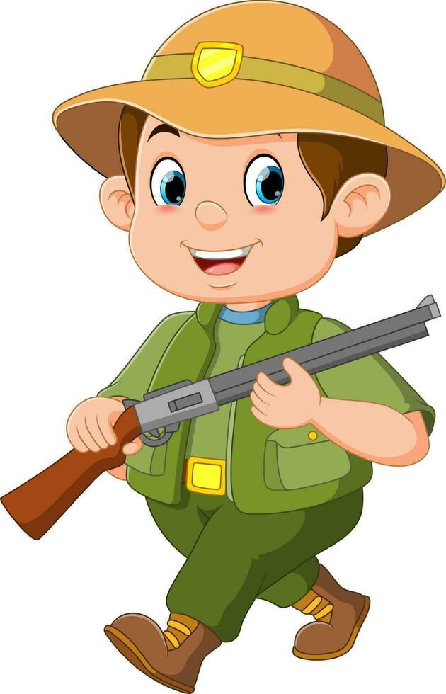 cheerful hunter character holding shotgun vector