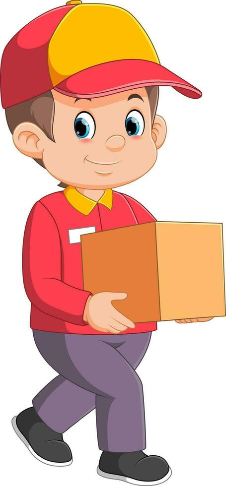 Cartoon delivery courier holding cardboard boxes vector