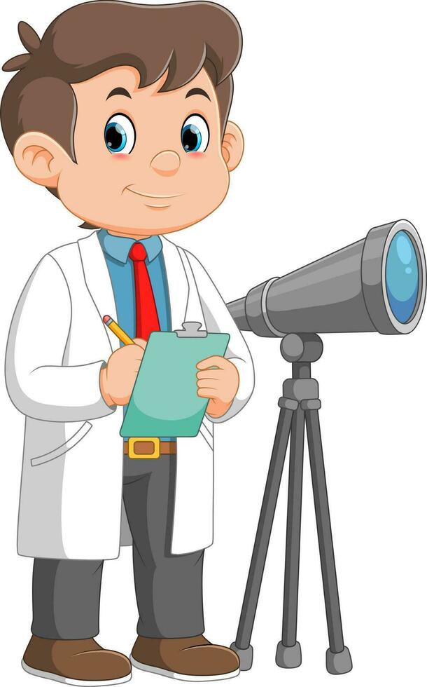 Cartoon young boy looking through a telescope vector