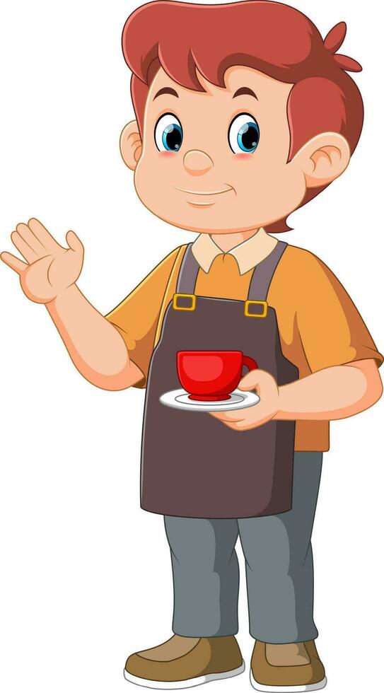 Cartoon male barista or waiter , handsome caucasian man character in uniform, restaurant or coffee shop staff vector