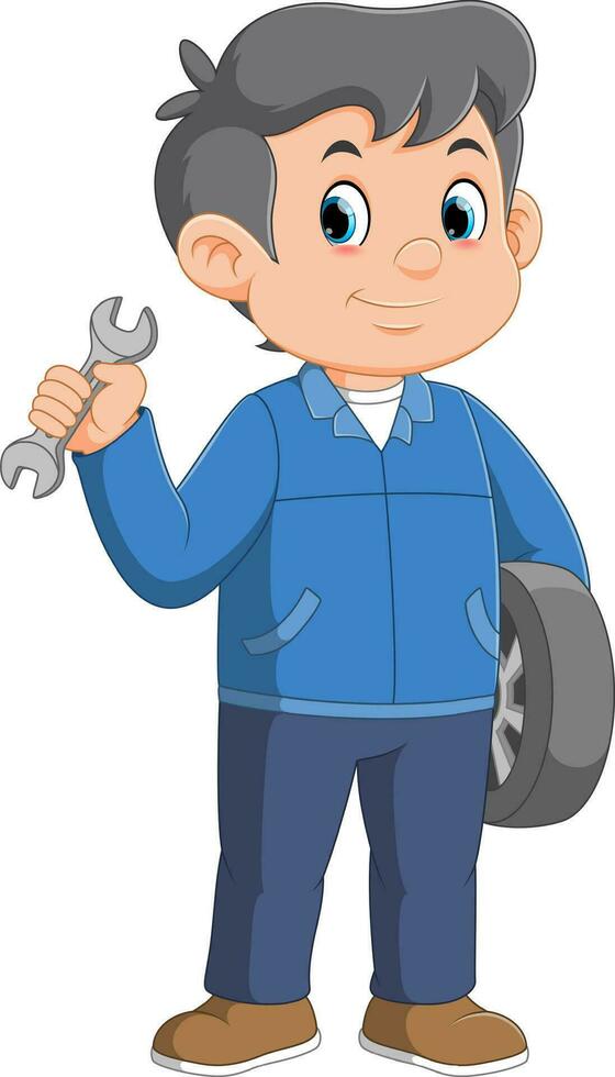 smiling Cartoon Car mechanic, holding wrench and tire vector