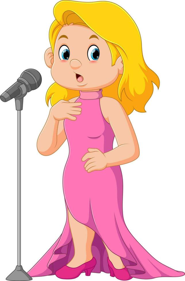 Beautiful woman performing with microphone. Woman singer in evening dress singing song cartoon vector