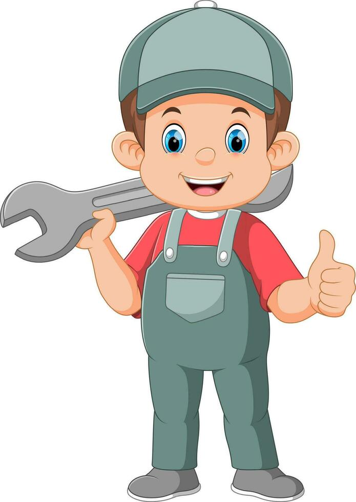 Cartoon mechanic holding a huge wrench vector