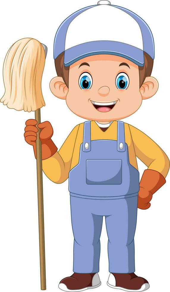 A man cartoon character cleaner holding mop vector