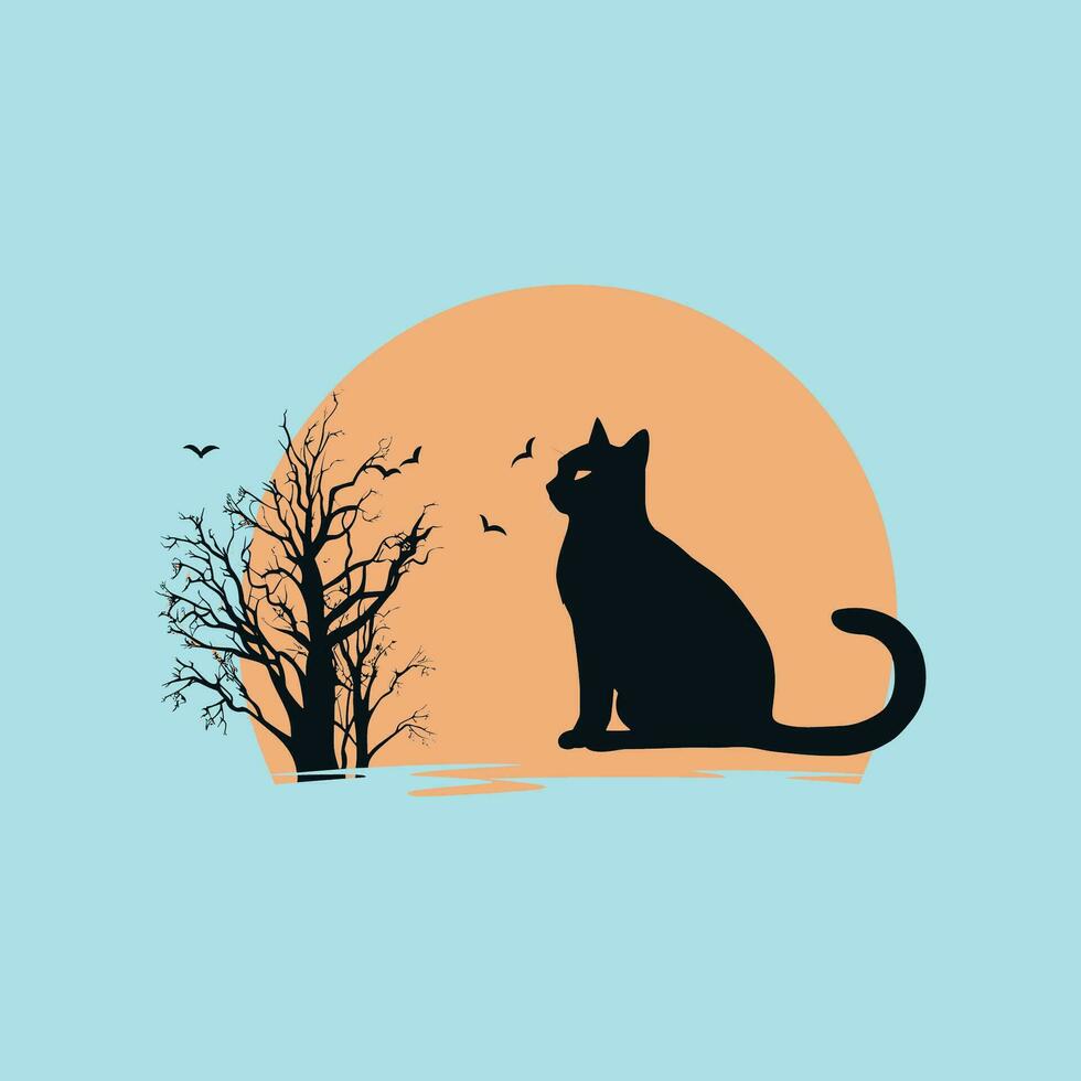 simple vector cat with moon