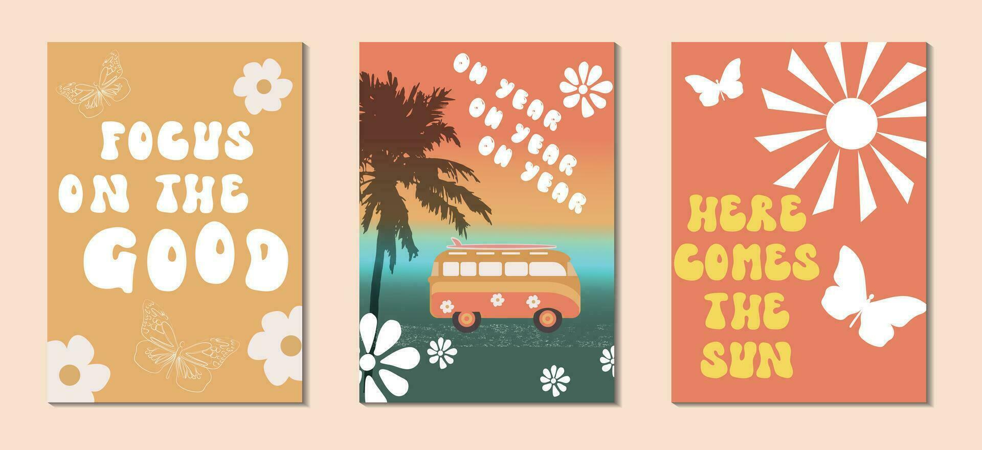 Groovy 70s backgrounds . Hippie Aesthetic. Posters in the style of 70s retro groovy with lettering, butterflies, sun , palms, flowers, car, texture etc..Vector illustration vector