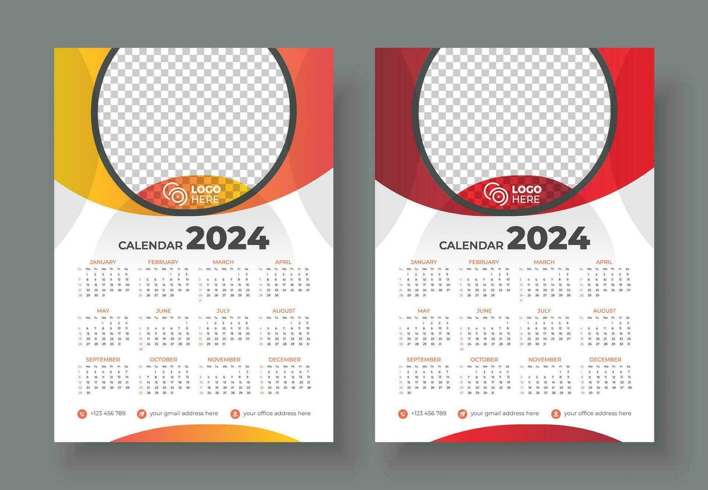 Print Ready One Page wall calendar template design for 2024. Wall Calendar 2024 Template Design. Print Ready One Page wall calendar template design for 2024. Week starts on Sunday vector