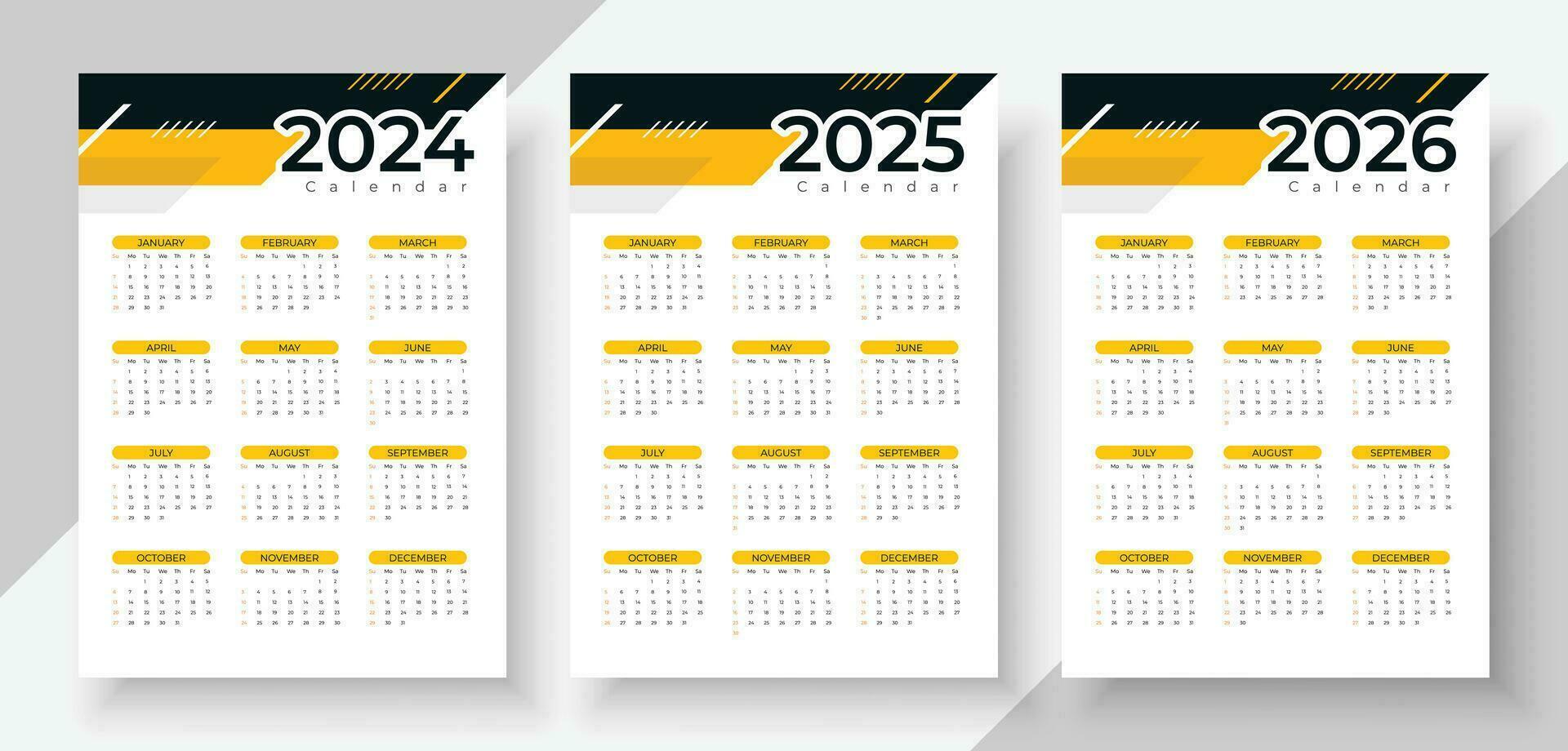 Simple calendar set for 2024, 2025, 2026 years. Simple editable vector calender. Week starts Sunday