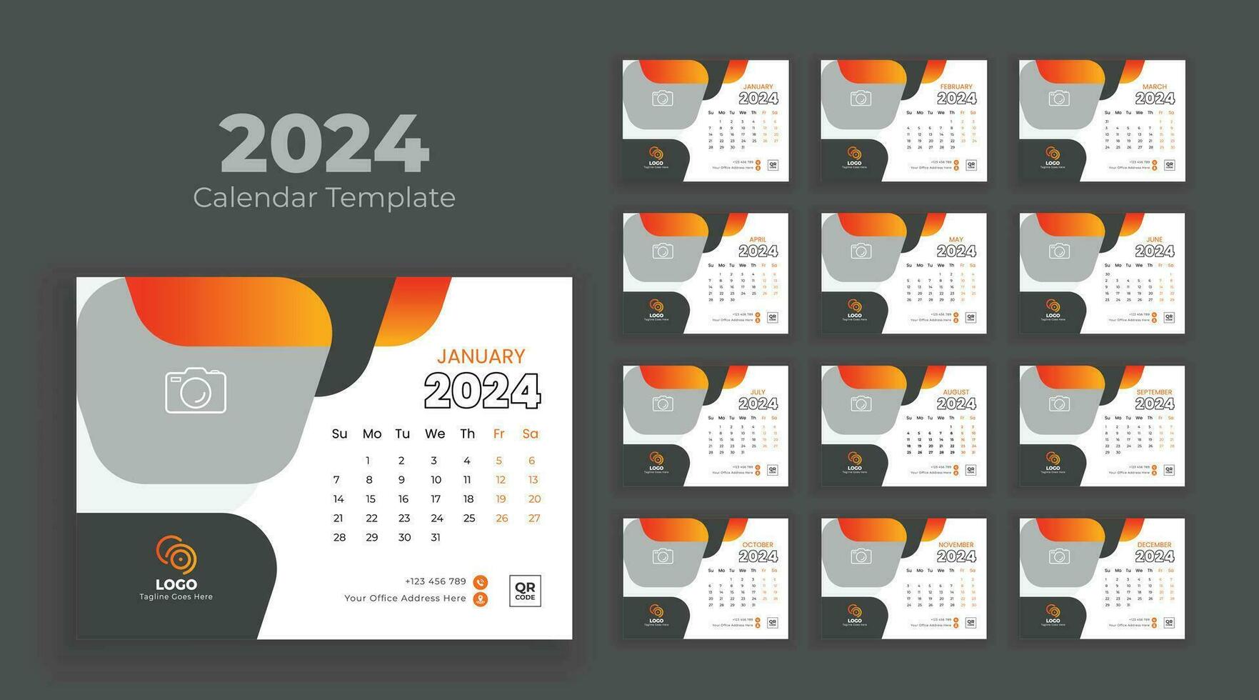 Calendar 2024 planner corporate template design set. Minimalist desk calendar 2024 template, planner, Business template vector. Week start on Sunday vector