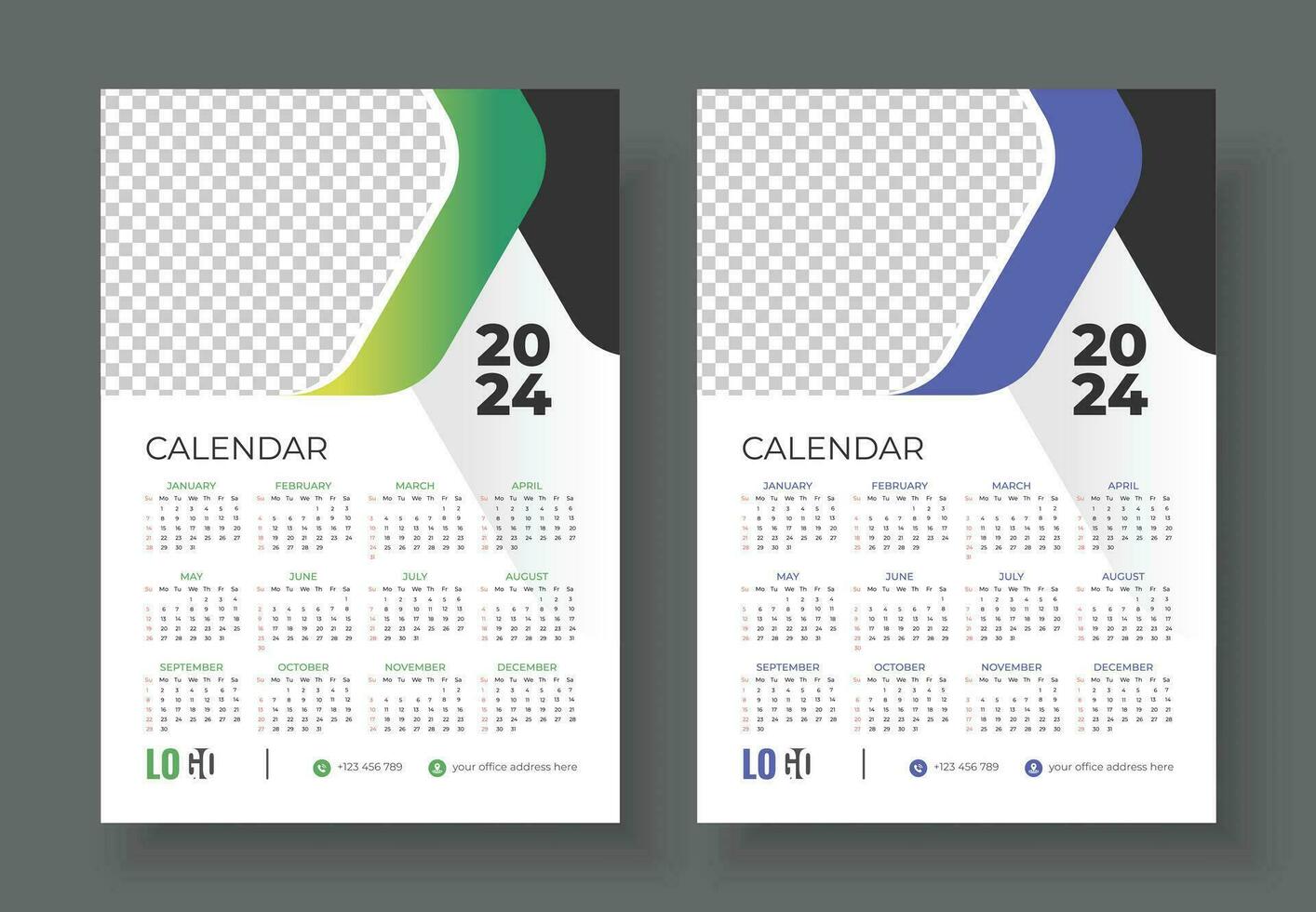 pared calendario 2024 modelo diseño. impresión Listo uno página pared calendario modelo diseño para 2024. semana empieza en domingo calendario diseño 2024 vector
