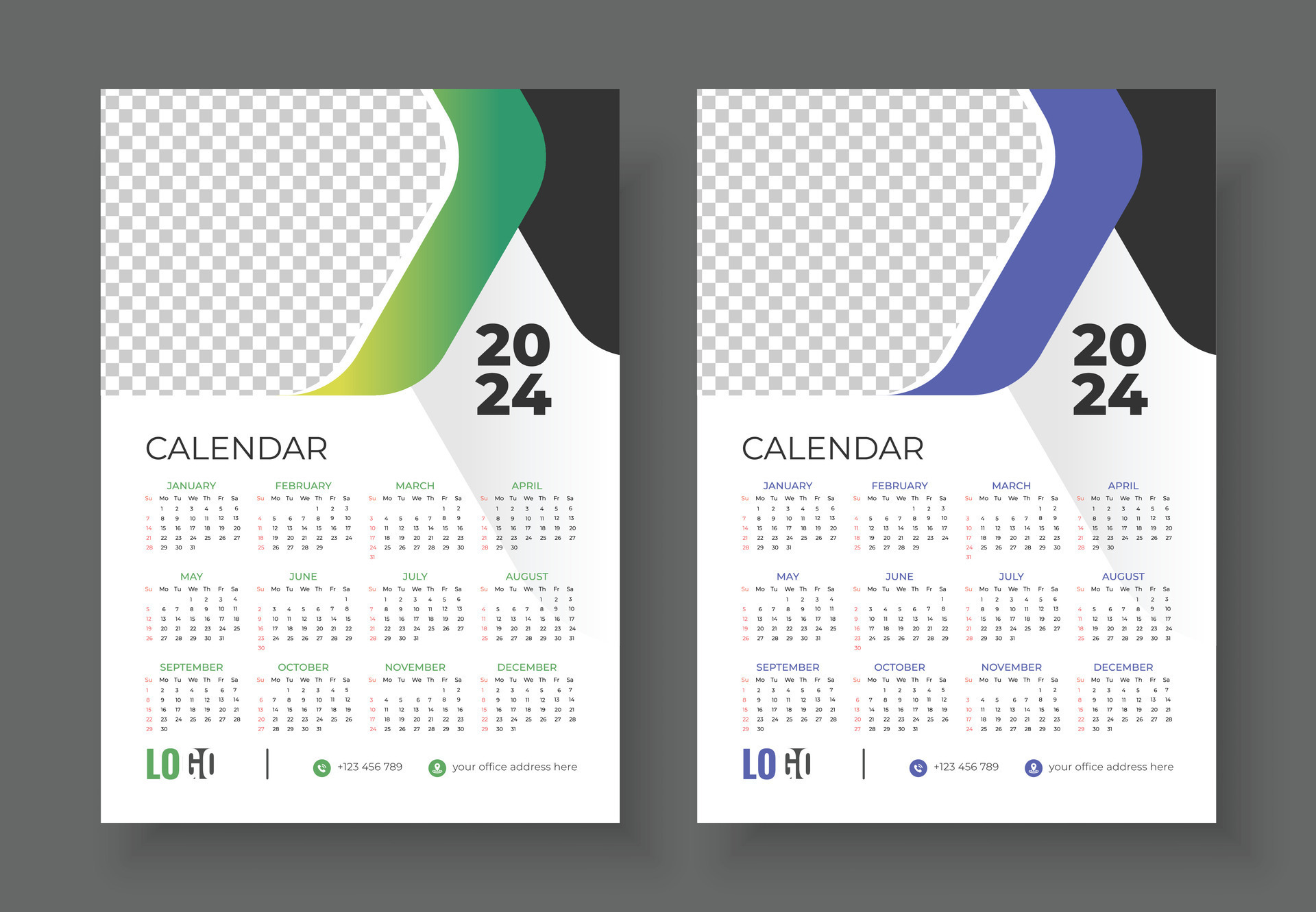 Wall Calendar 2024 Template Design. Print Ready One Page wall calendar