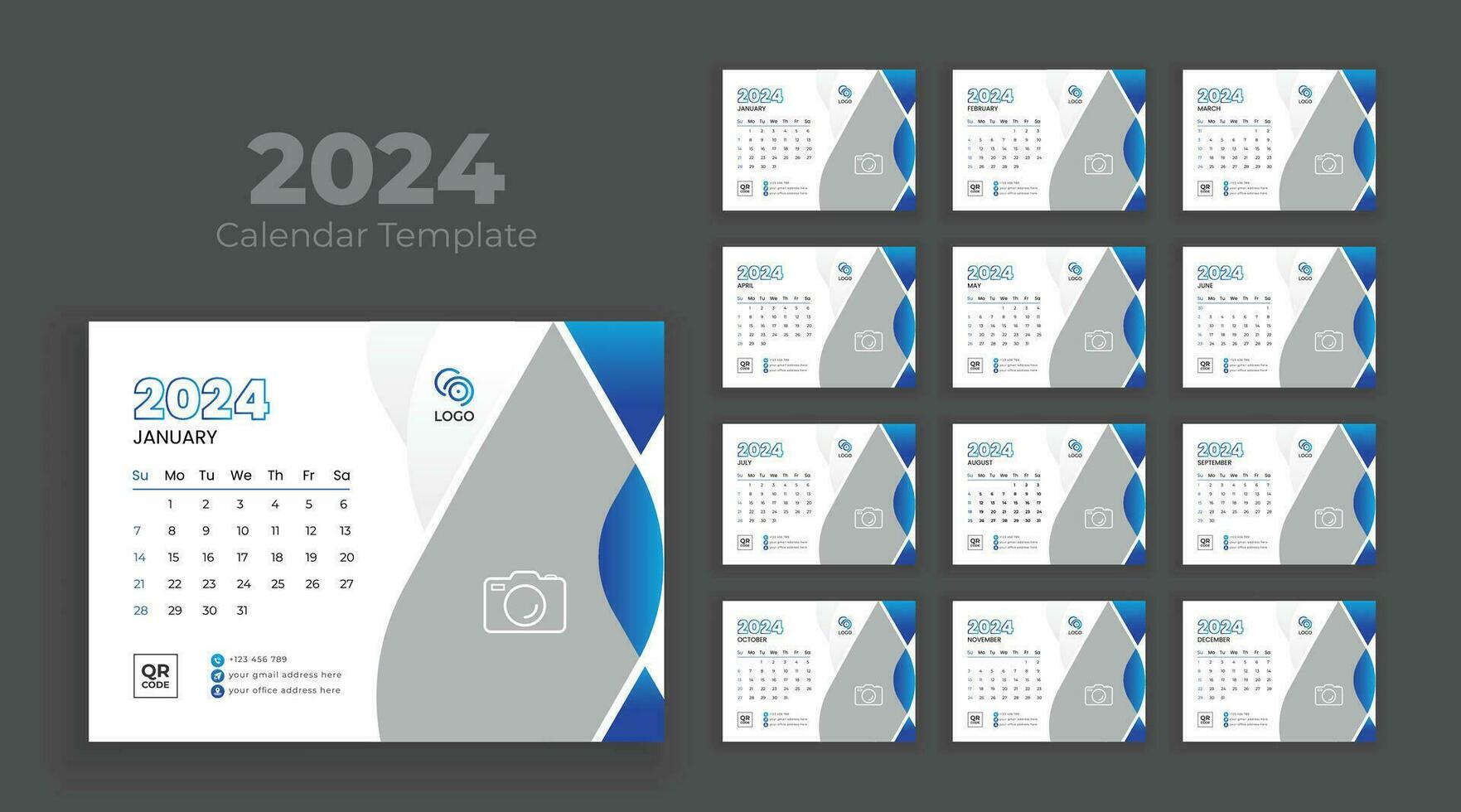 Calendar 2024 planner corporate template design set. Minimalist desk calendar 2024 template, planner, Business template vector. Week start on Sunday vector