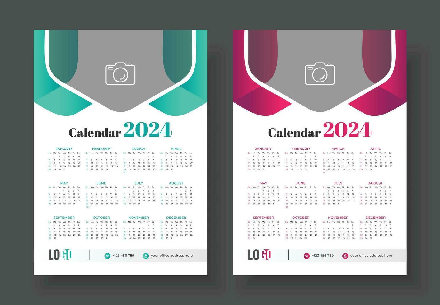 moderno pared calendario diseño 2024 modelo. impresión Listo uno página pared calendario modelo diseño para 2024. semana empieza en domingo calendario diseño 2024 vector