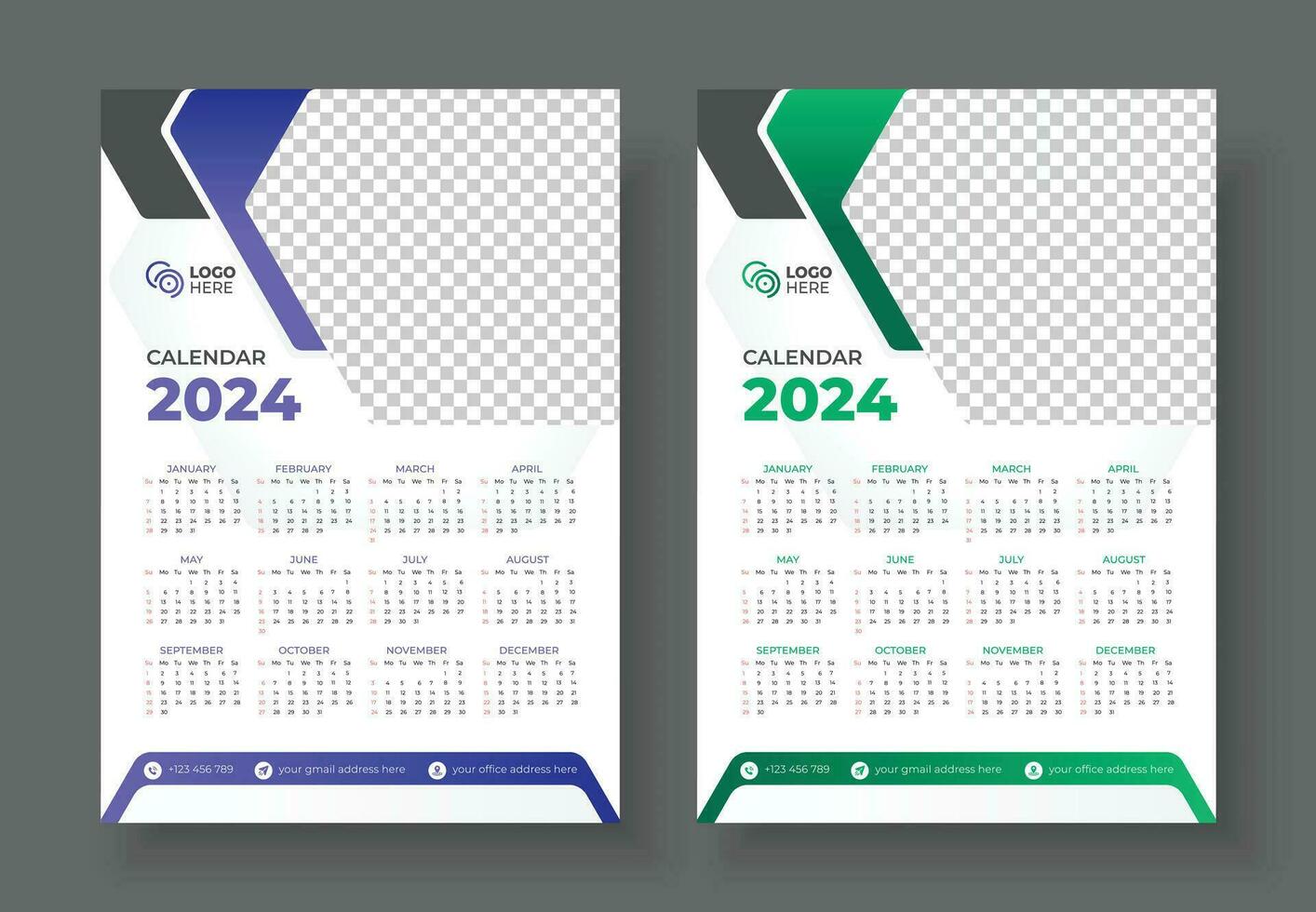 Wall Calendar 2024 Template Design. Print Ready One Page wall calendar template design for 2024. Week starts on Sunday calendar design 2024. Week starts on Sunday calendar design 2024 vector