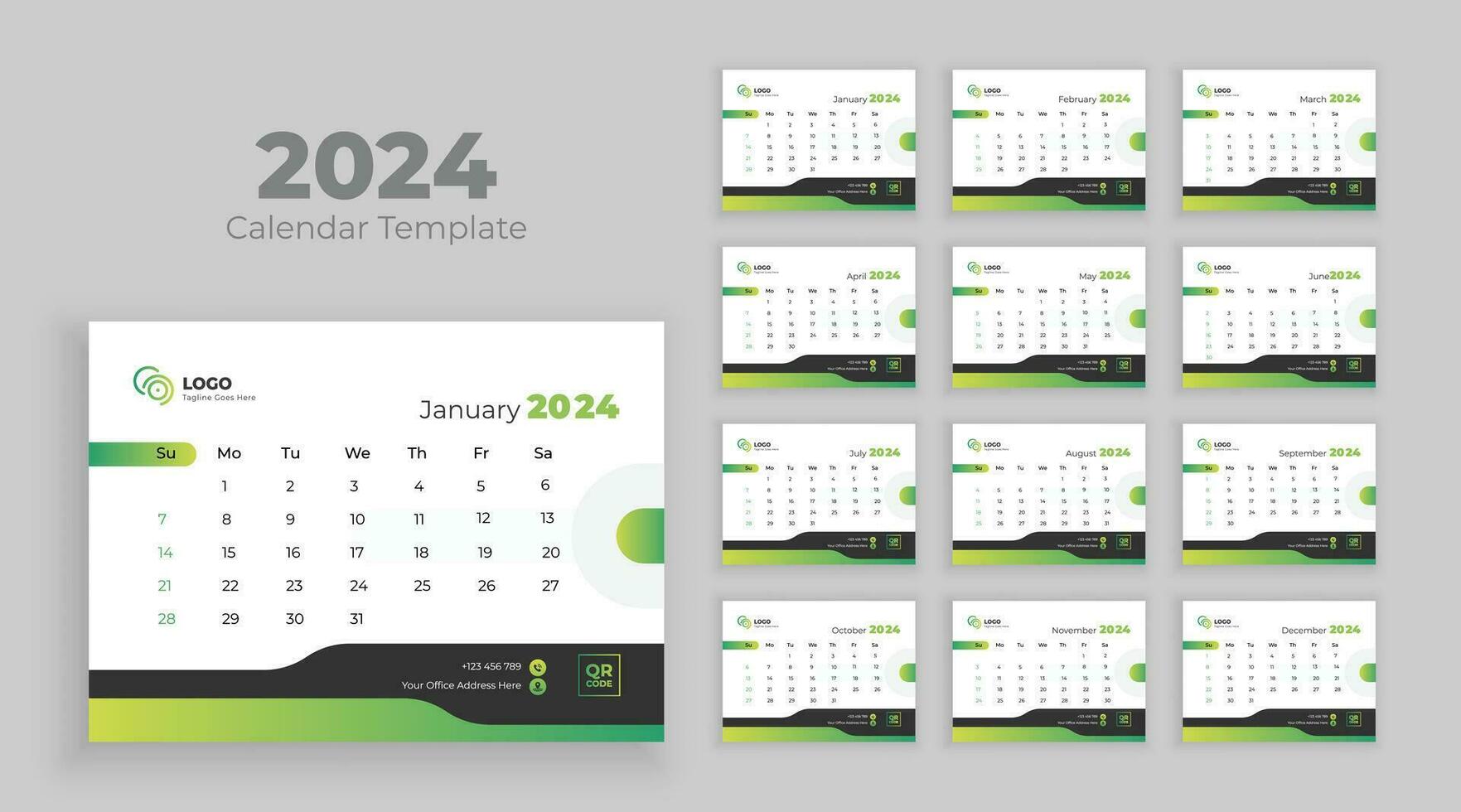 minimalista escritorio calendario 2024 plantilla, planificador, negocio modelo vector. semana comienzo en domingo vector