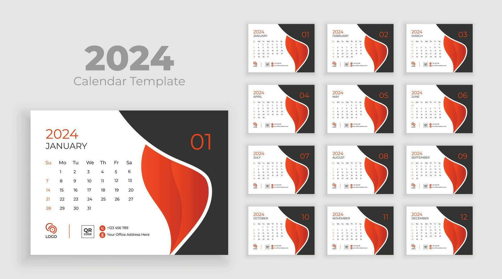 Calendar 2024 planner corporate template design set. Minimalist desk calendar 2024 template, planner, Business template vector. Week start on Sunday vector