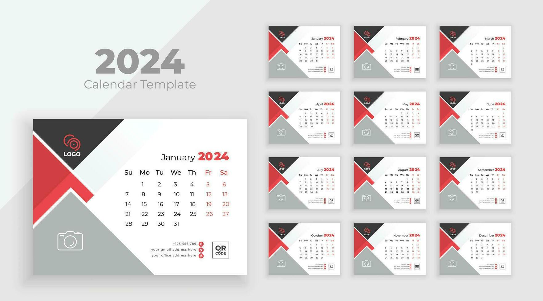 Desk Calendar Template 2024. Week start on Sunday. Minimalist desk calendar 2024 template, planner, Business template vector