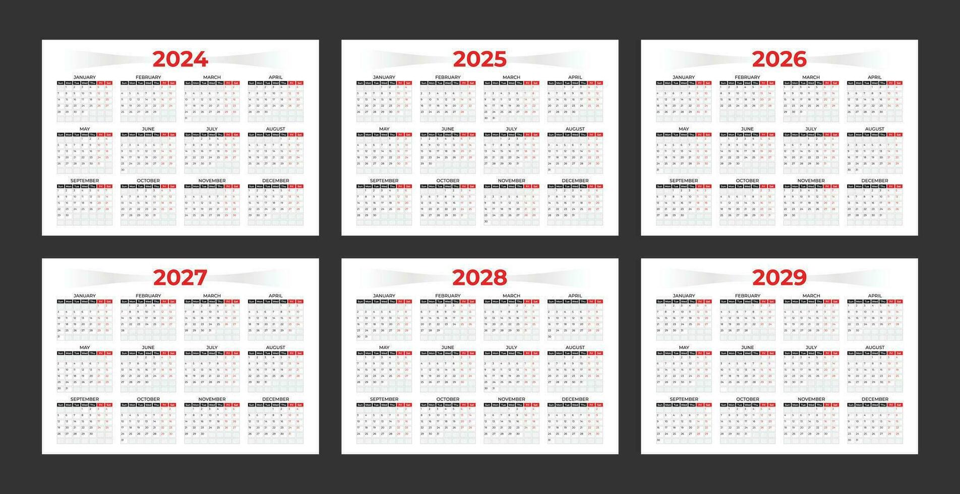 Set of annual calendar template for 2024, 2025, 2026, 2027, 2028 and 2029. Minimalist style calendar. Week starts from Sunday vector