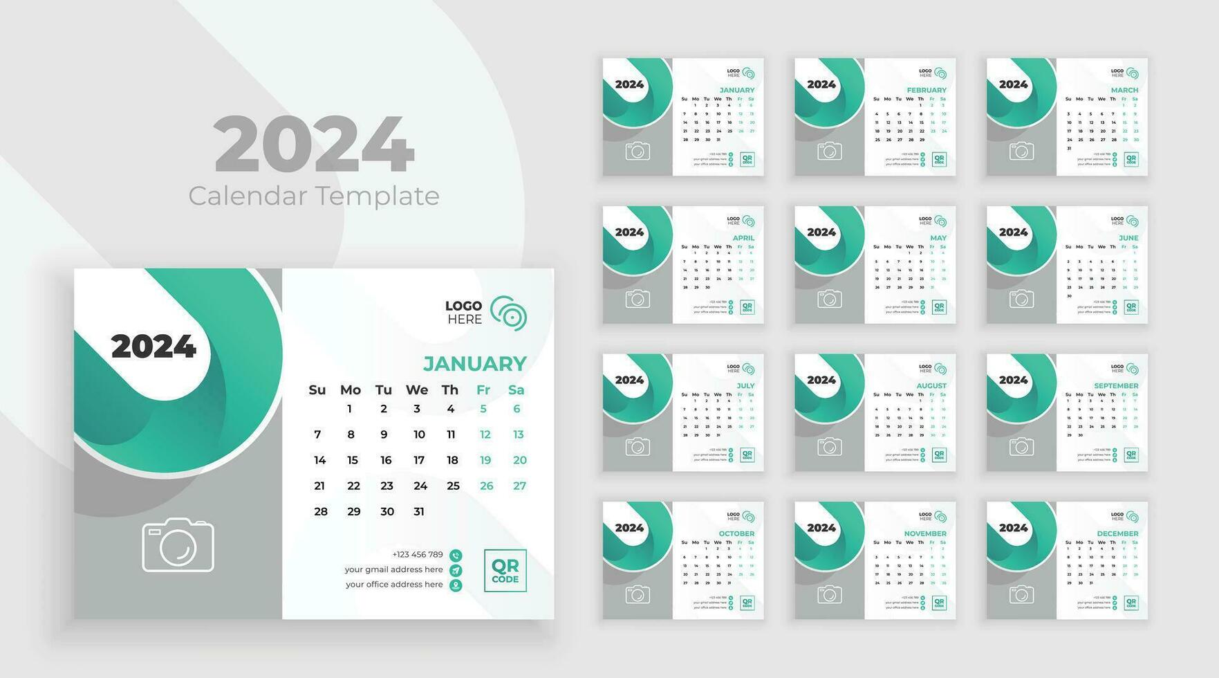 Minimalist desk calendar 2024 template, planner, Business template Vector. Week start on Sunday vector