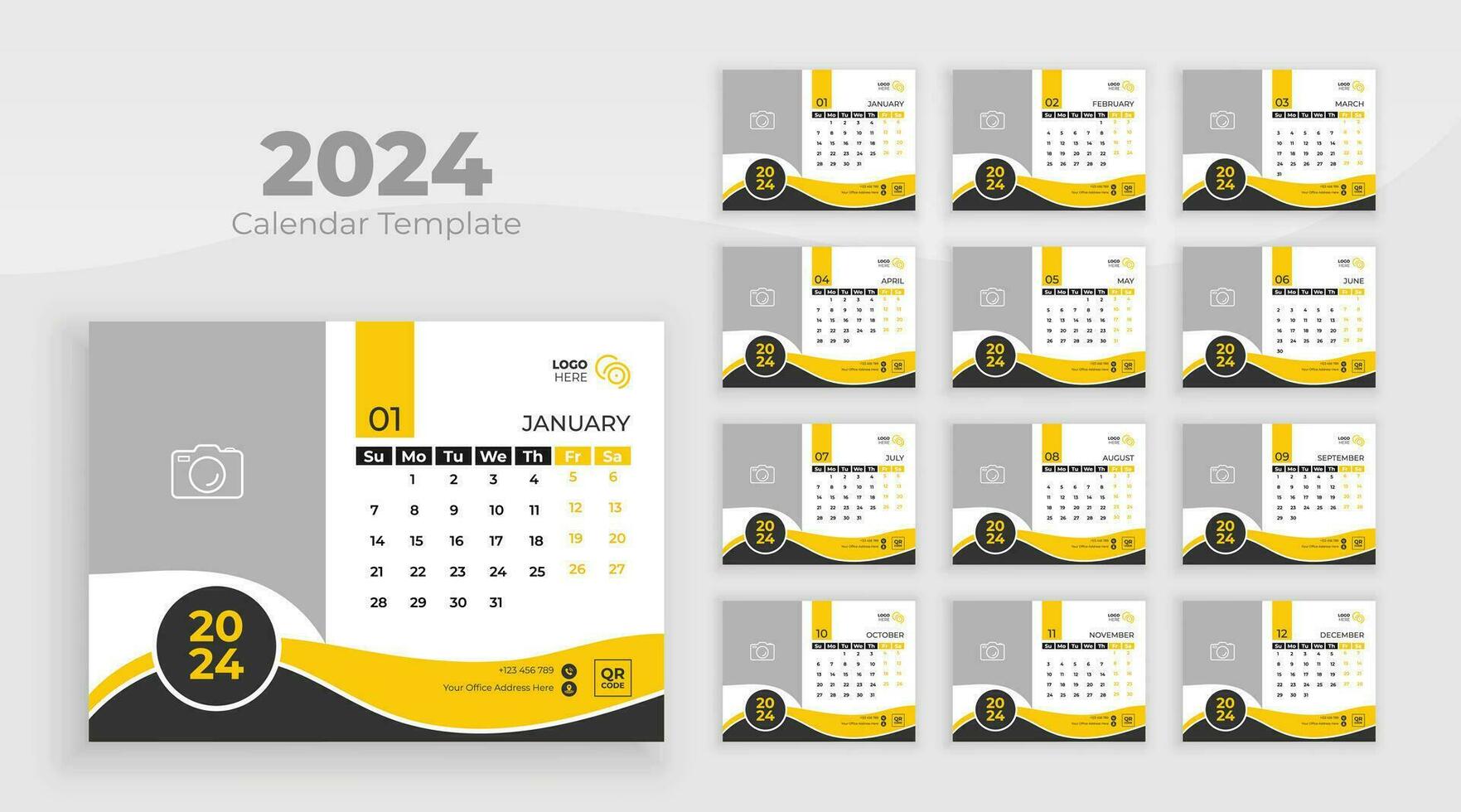 Desk Calendar Template 2024. Week start on Sunday. Minimalist desk calendar 2024 template, planner, Business template vector