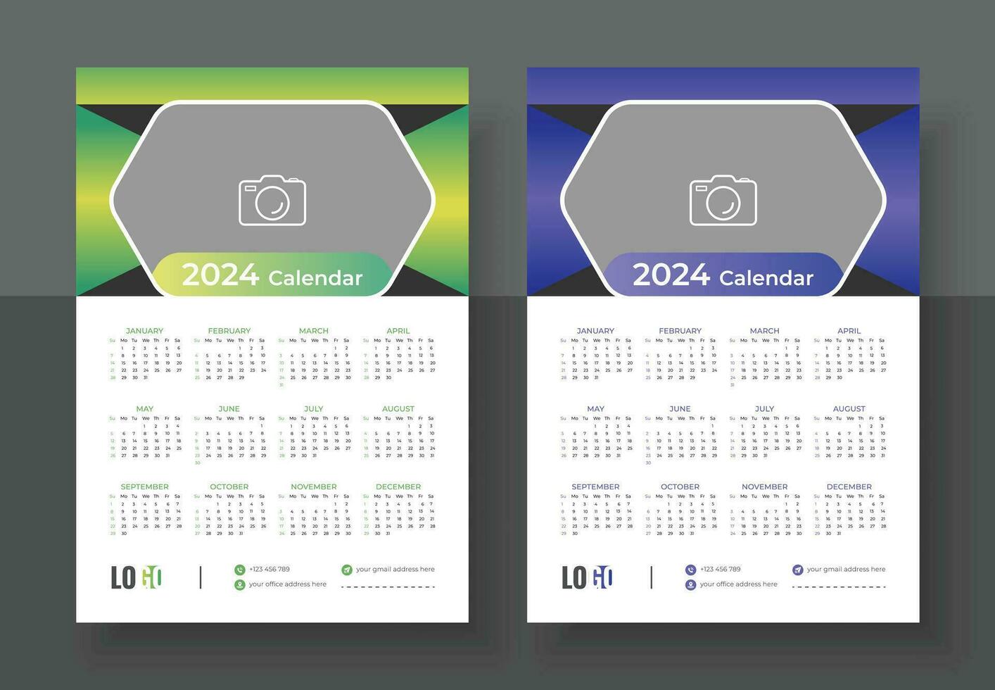 Modern colorful business wall calendar 2024 template design. Print Ready One Page wall calendar template design for 2024. Week starts on Sunday vector