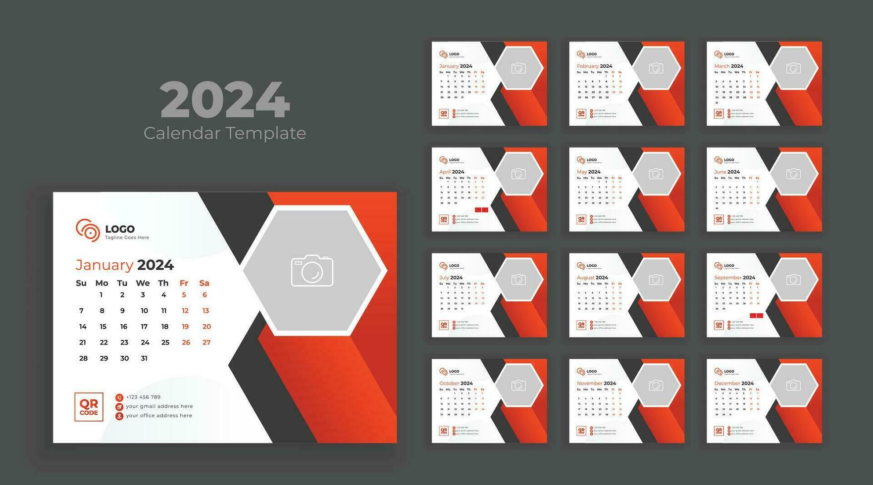 Calendar template for 2024 year. Minimalist desk calendar 2024 template, planner, Business template vector. Week start on Sunday vector