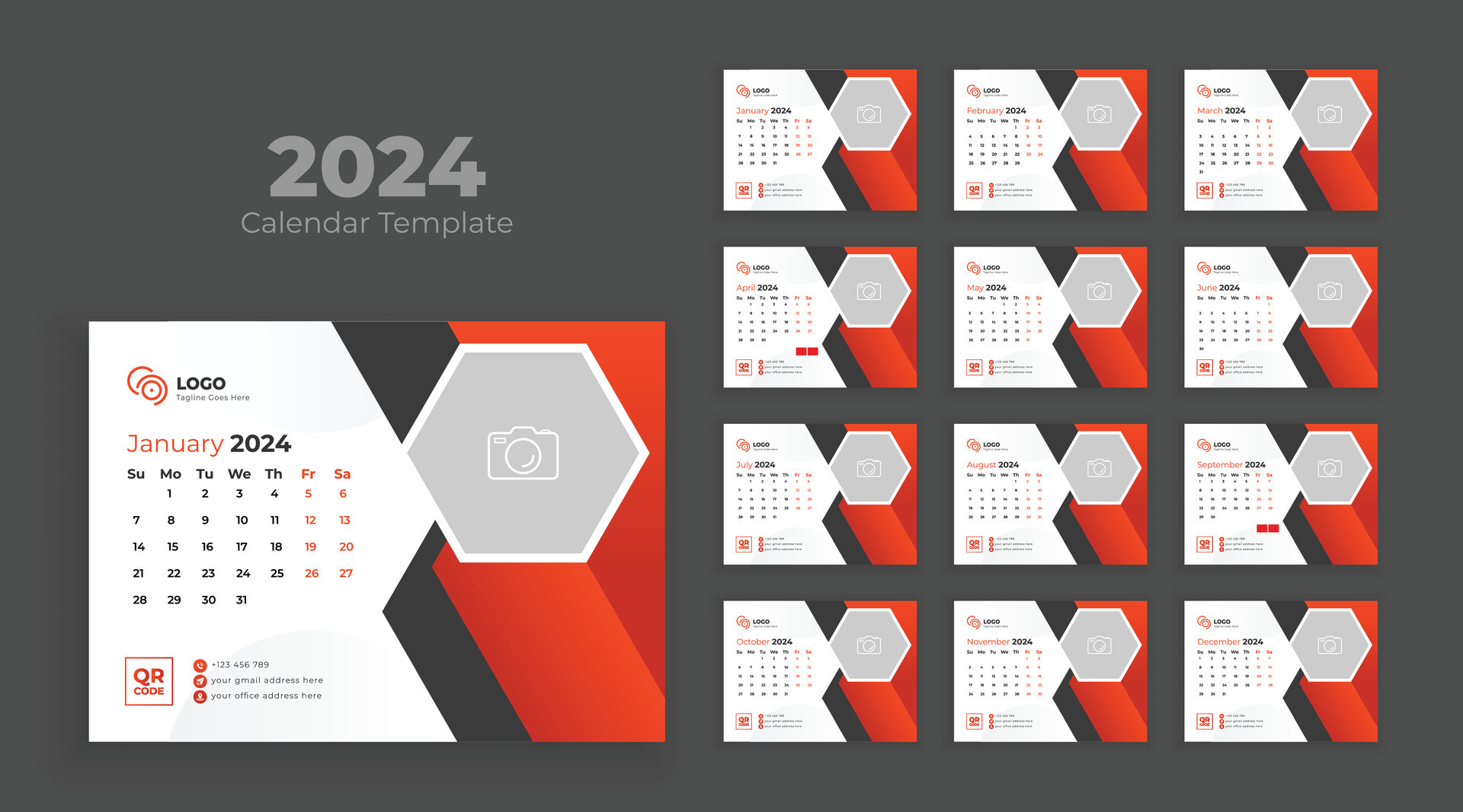 Calendar template for 2024 year. Minimalist desk calendar 2024 template