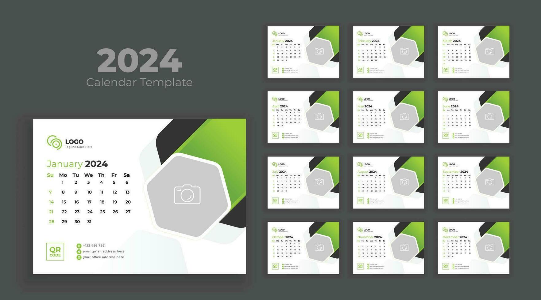 Desk Calendar Template 2024. Week starts from Sunday, Minimalist desk calendar 2024 template, planner, Business template vector