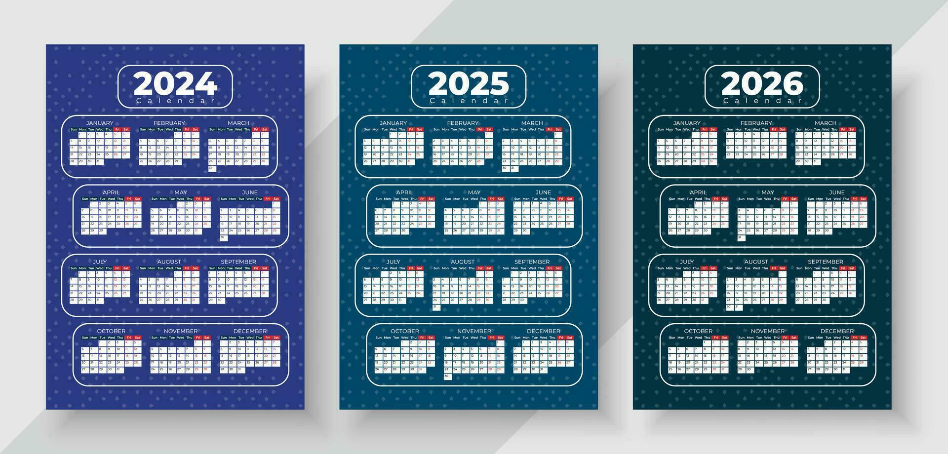 Calendar 2024, 2025, 2026 years. Vector. Week starts Sunday. Stationery template with 12 months. Calender layout vector