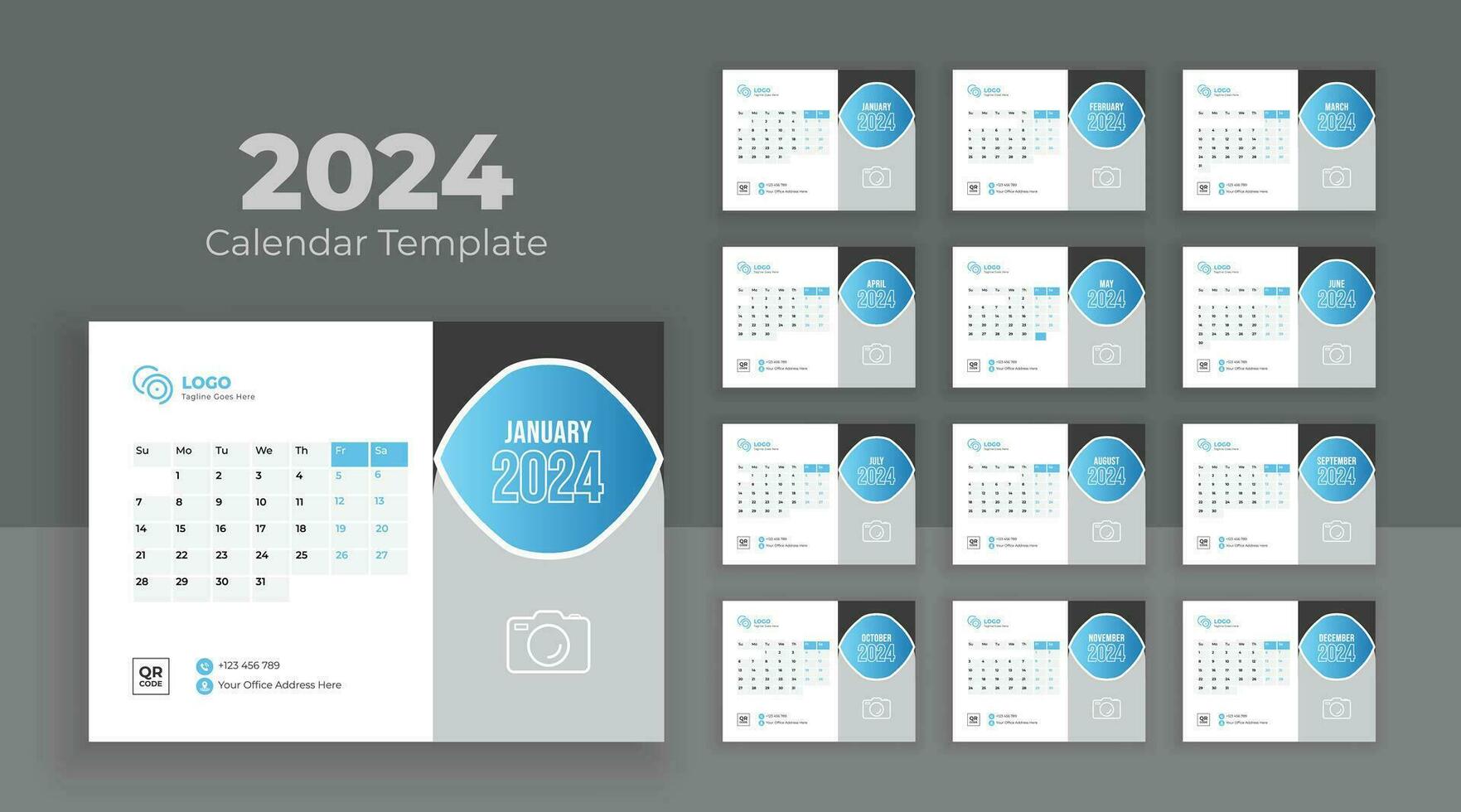 Calendar template for 2024 year. Week start on Sunday. Minimalist desk calendar 2024 template, planner, Business template vector