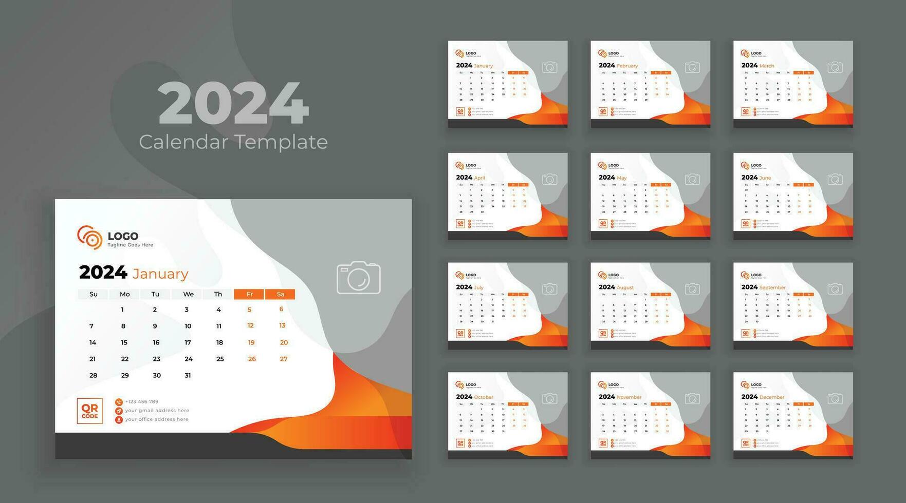 Desk Calendar Template 2024. Week start on Sunday. Minimalist desk calendar 2024 template, planner, Business template vector