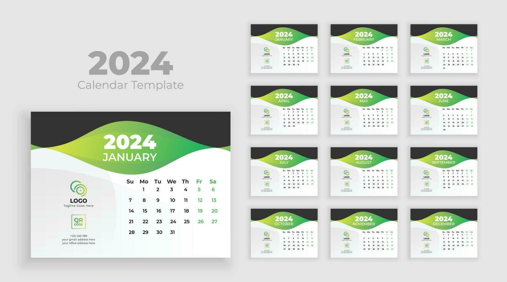 Minimalist desk calendar 2024 template, planner, Business template Vector. Week start on Sunday vector