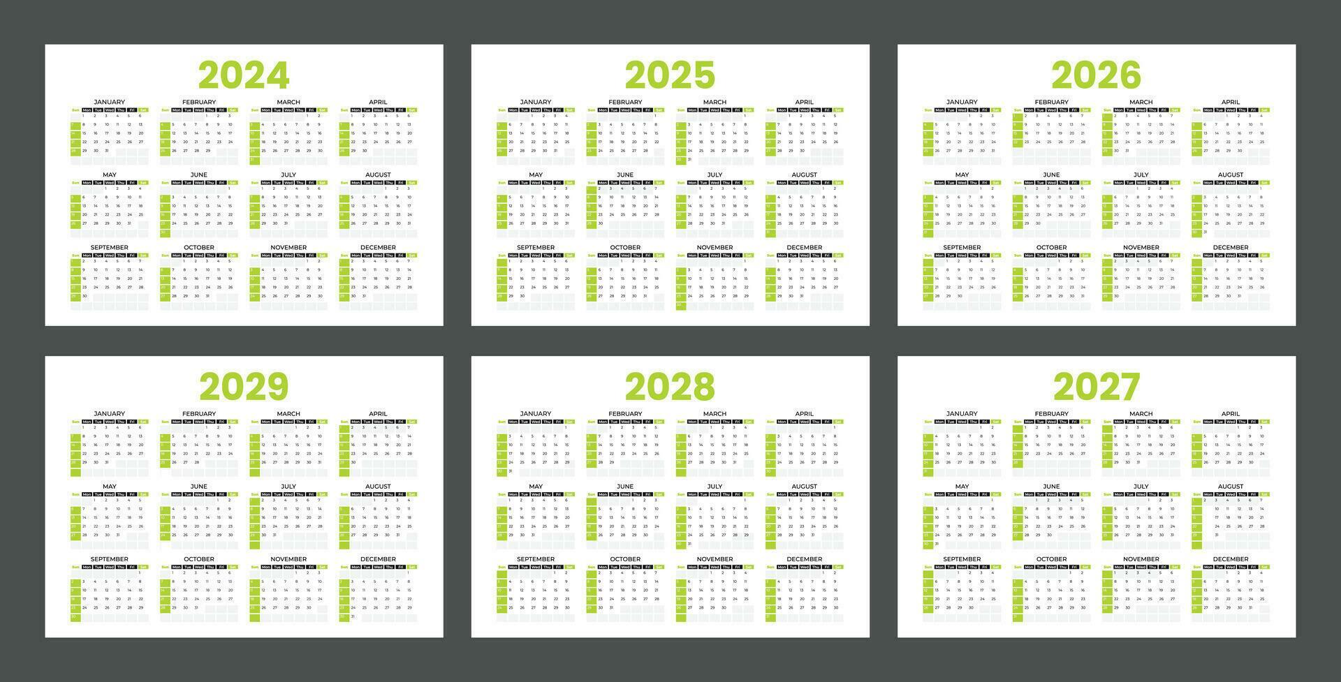 Set of calendars for 2024, 2025, 2026, 2027, 2028 and 2029. Minimalist