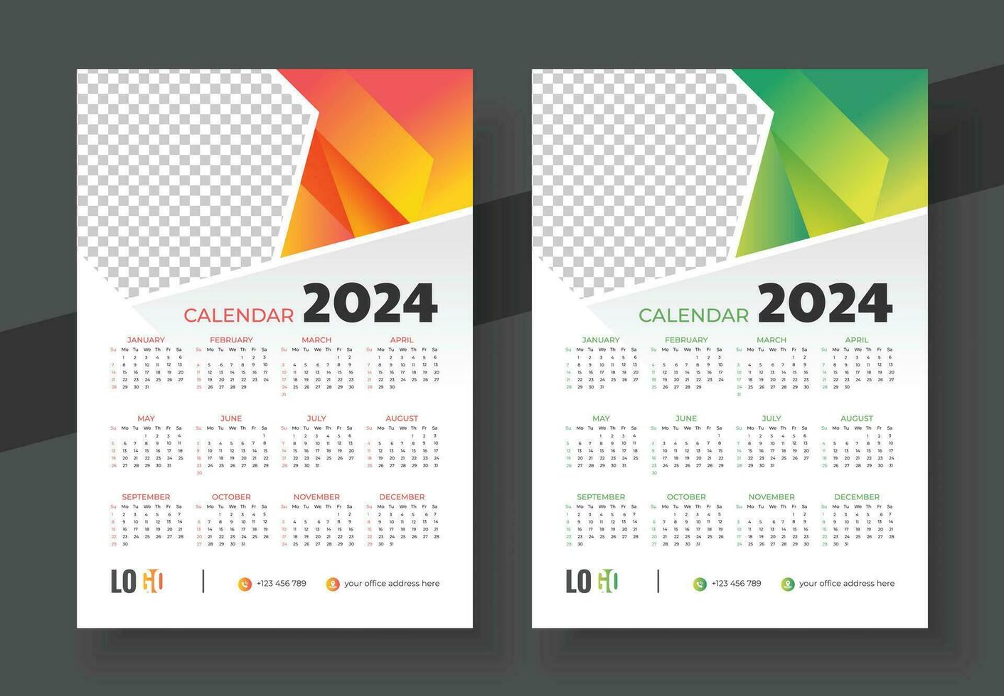 Calendar 2024 Template Design, One page wall calendar design for 2024. Week starts on Sunday vector