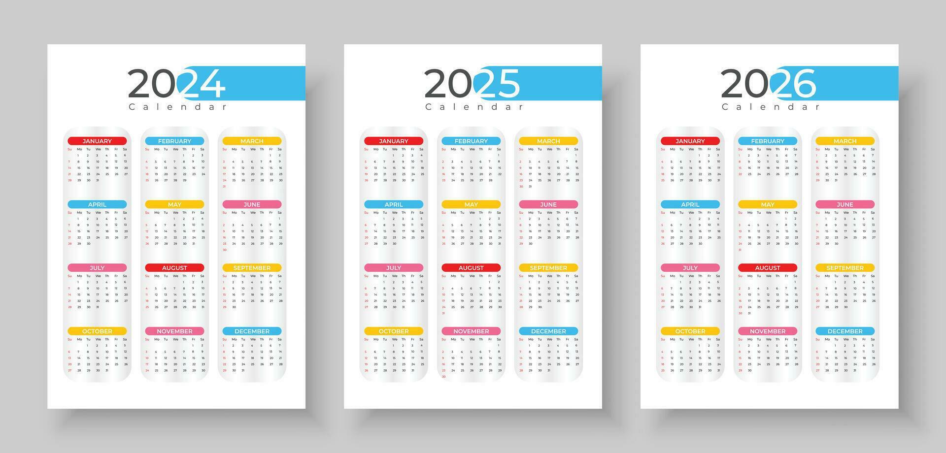 Calendar 2024, 2025, 2026. Simple vertical calendar design template. Week starts on Sunday