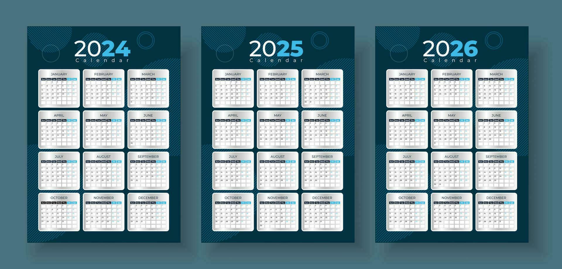 sencillo calendario conjunto para 2024, 2025, 2026 años. sencillo editable vector calandrar. semana empieza domingo