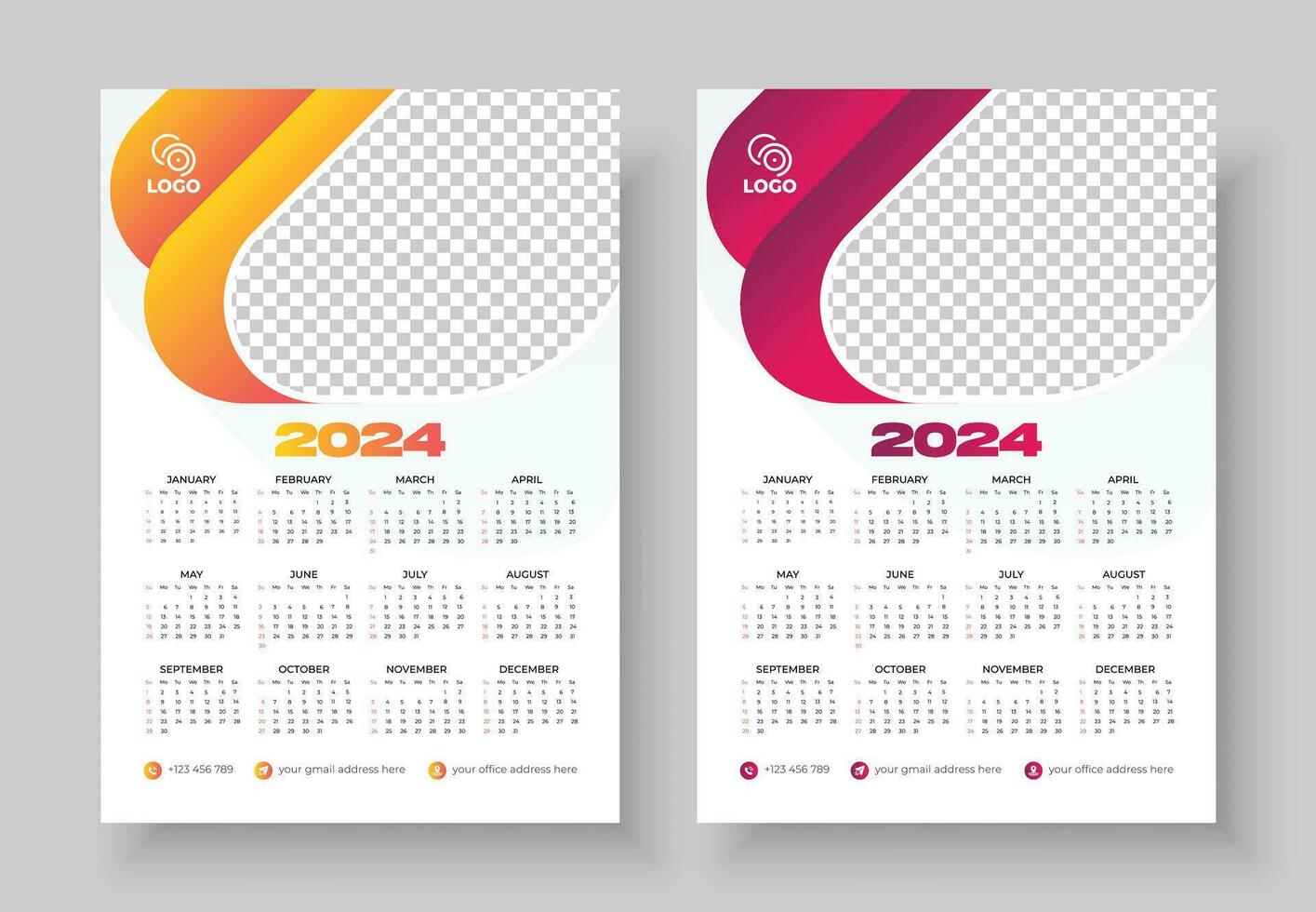 Wall Calendar 2024 Template Design. Print Ready One Page wall calendar template design for 2024. Week starts on Sunday calendar design 2024. Week starts on Sunday calendar design 2024 vector