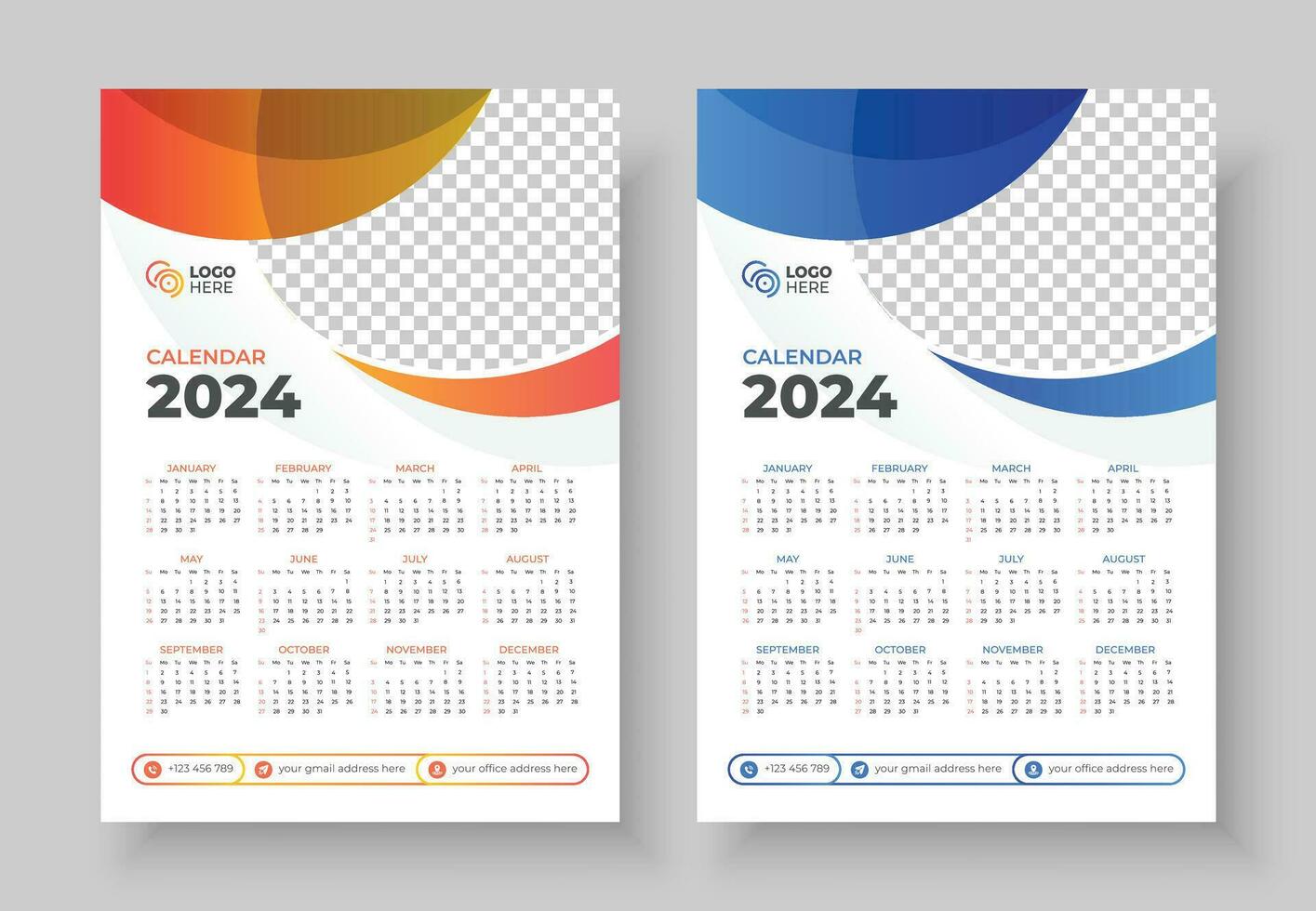Print Ready One Page wall calendar template design for 2024. Wall Calendar 2024 Template Design. Print Ready One Page wall calendar template design for 2024. Week starts on Sunday vector