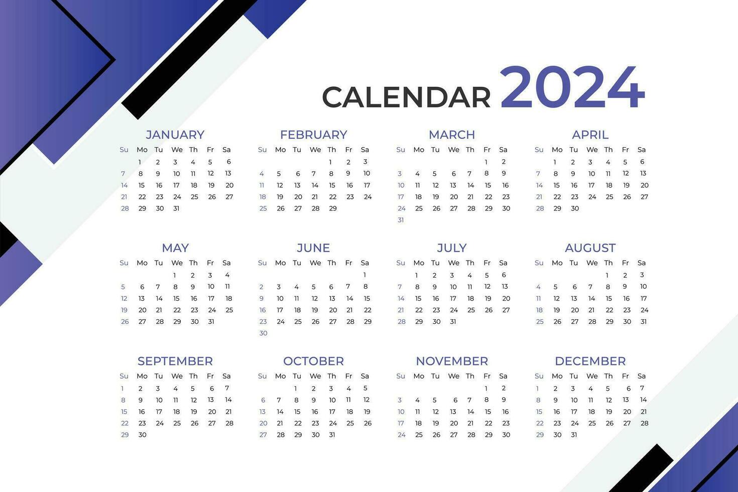Abstract 2024 calendar template. Vector template. Desk calendar, Week starts from Sunday