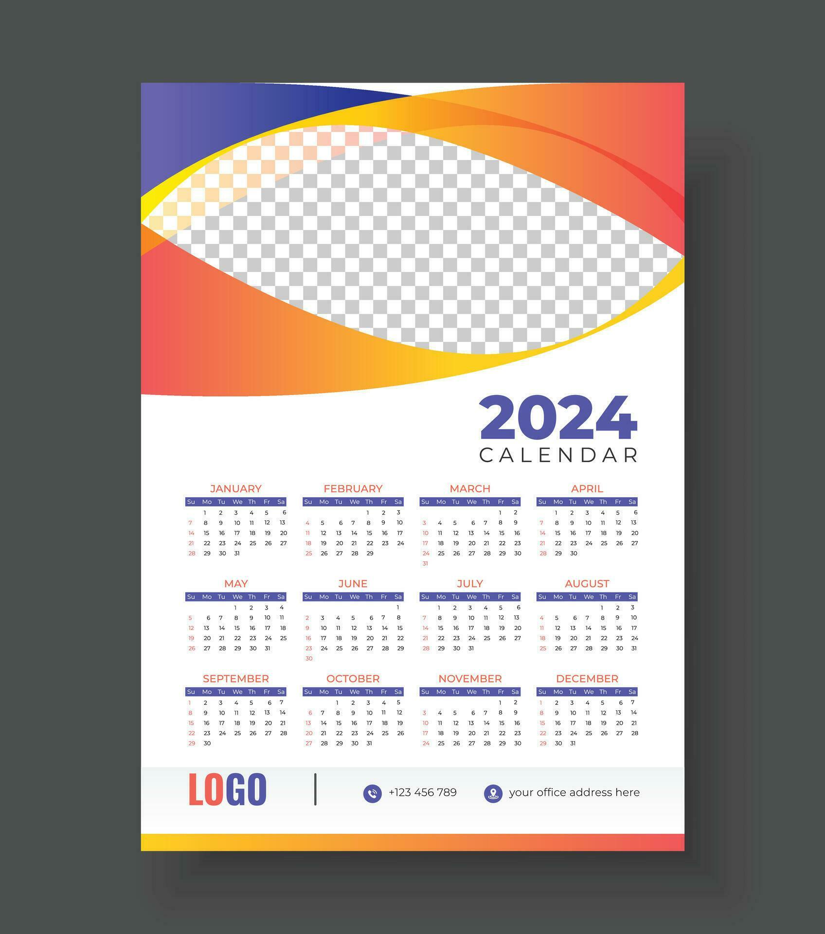 Print Ready One Page wall calendar template design for 2024. Wall