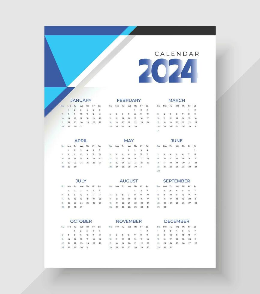 Wall Calendar 2024 Template Design. Print Ready One Page wall calendar template design for 2024. Week starts on Sunday vector