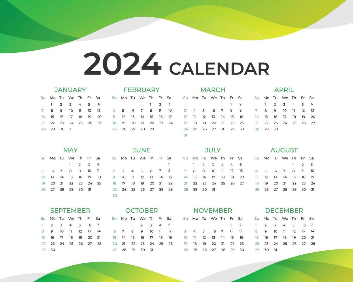 Abstract 2024 calendar with wave template. Vector template. Desk calendar, Week starts from Sunday
